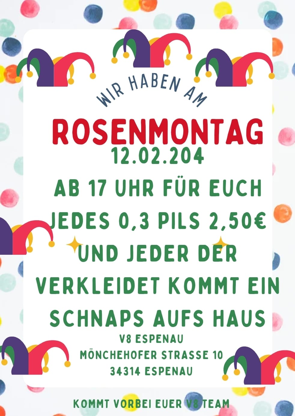 Flyer Rosenmontag Special in der Gaststätte V8