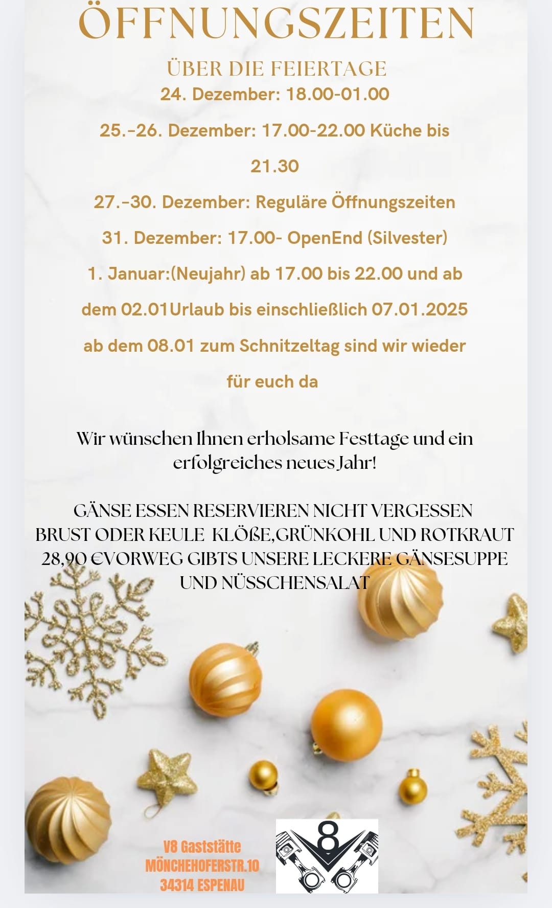 Flyer Öffnungszeiten in der Gaststätte V8